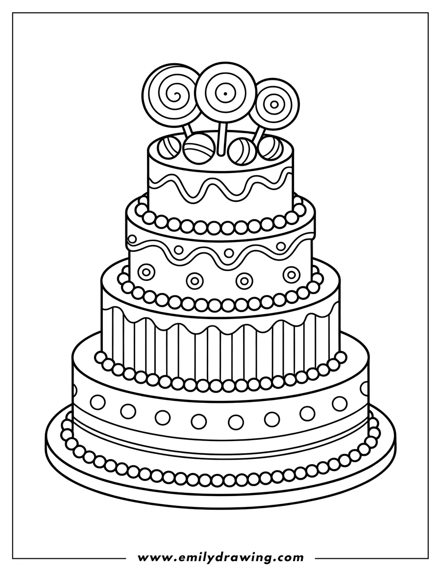 Outline of a three-tiered birthday cake topped with lollipops and candies.