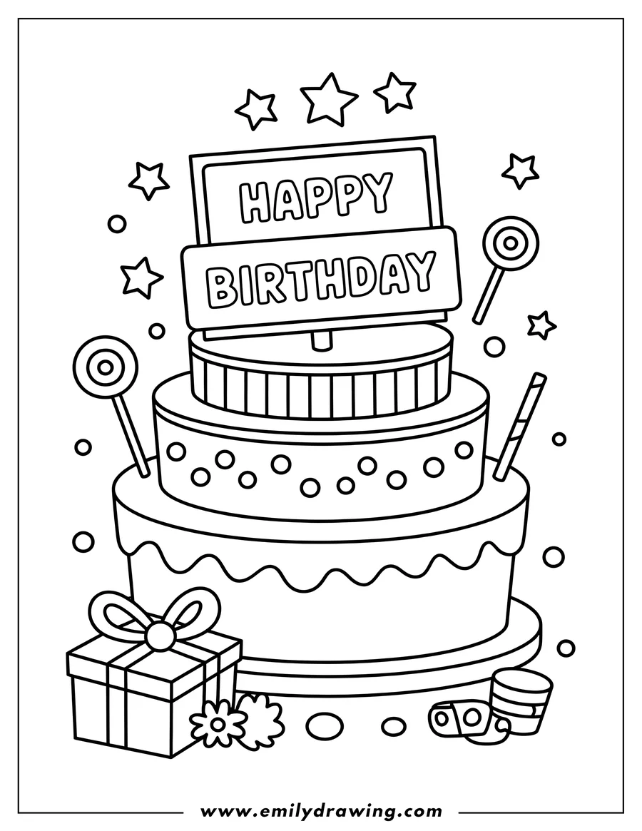 Outline of a tiered birthday cake with the words 'Happy Birthday', a present with bow, a flower, lollipops, and candies scattered around