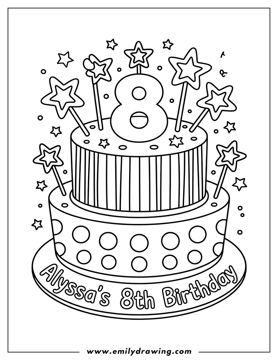 Outline of a two-tiered birthday cake decorated with star-shaped sprinkles and the number 8 on top. The cake is personalized with
