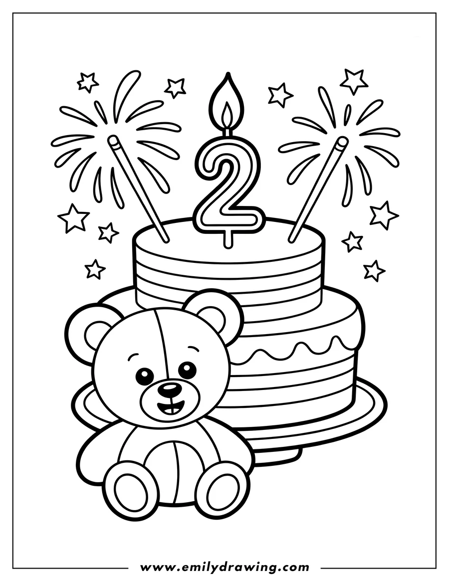 Outline of a birthday cake with a number two candle and two sparklers. A teddy bear sits beside the cake.