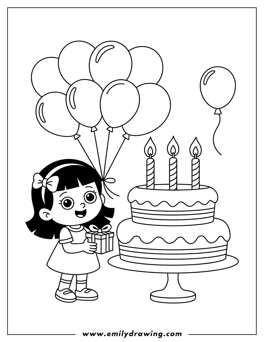 Outline of a girl holding a birthday present, next to a cake with candles and holding balloons.