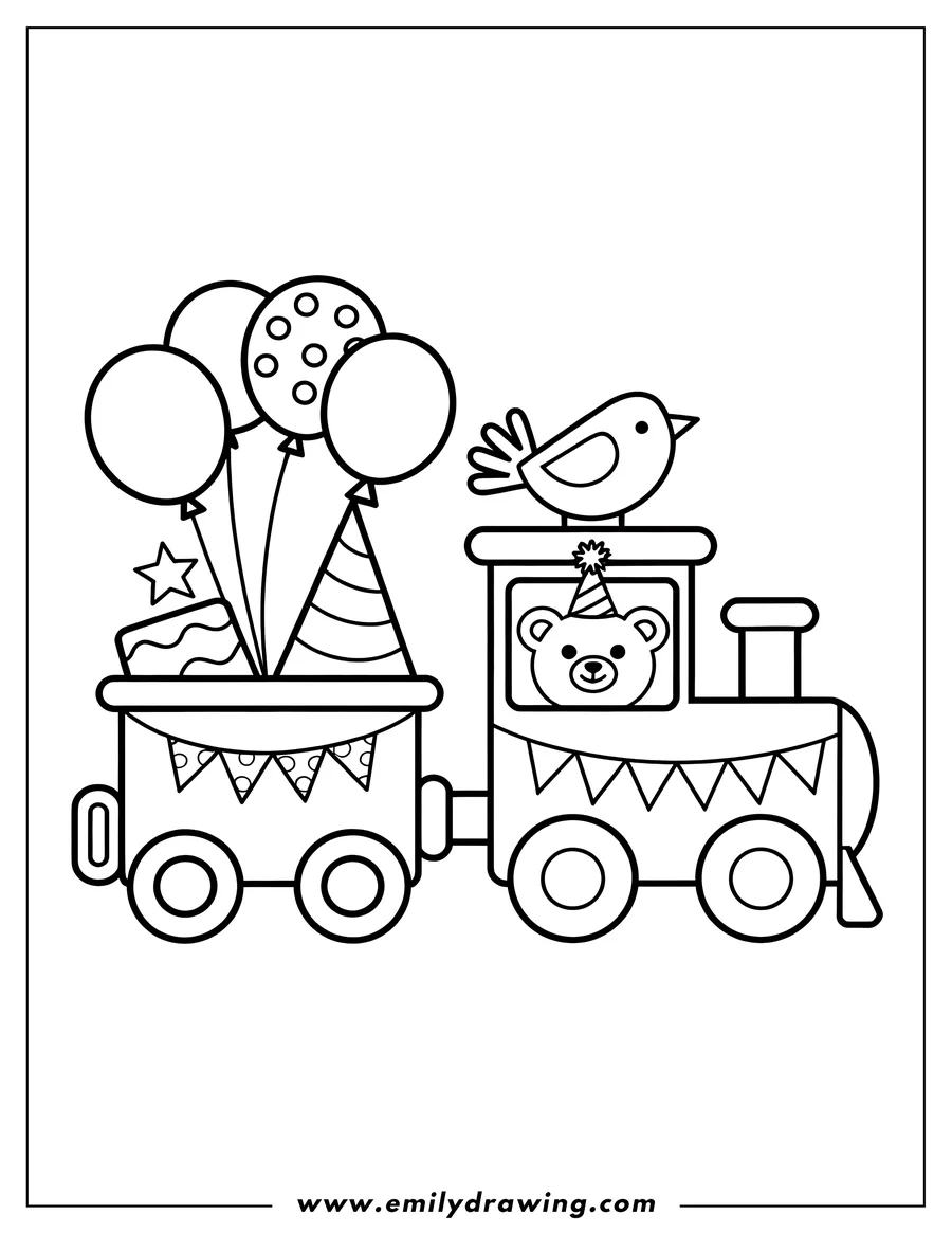 Outline of a birthday train with a bear in the engine and a bird on top. The train is decorated with balloons and party hats, pulling a cart with a gift.