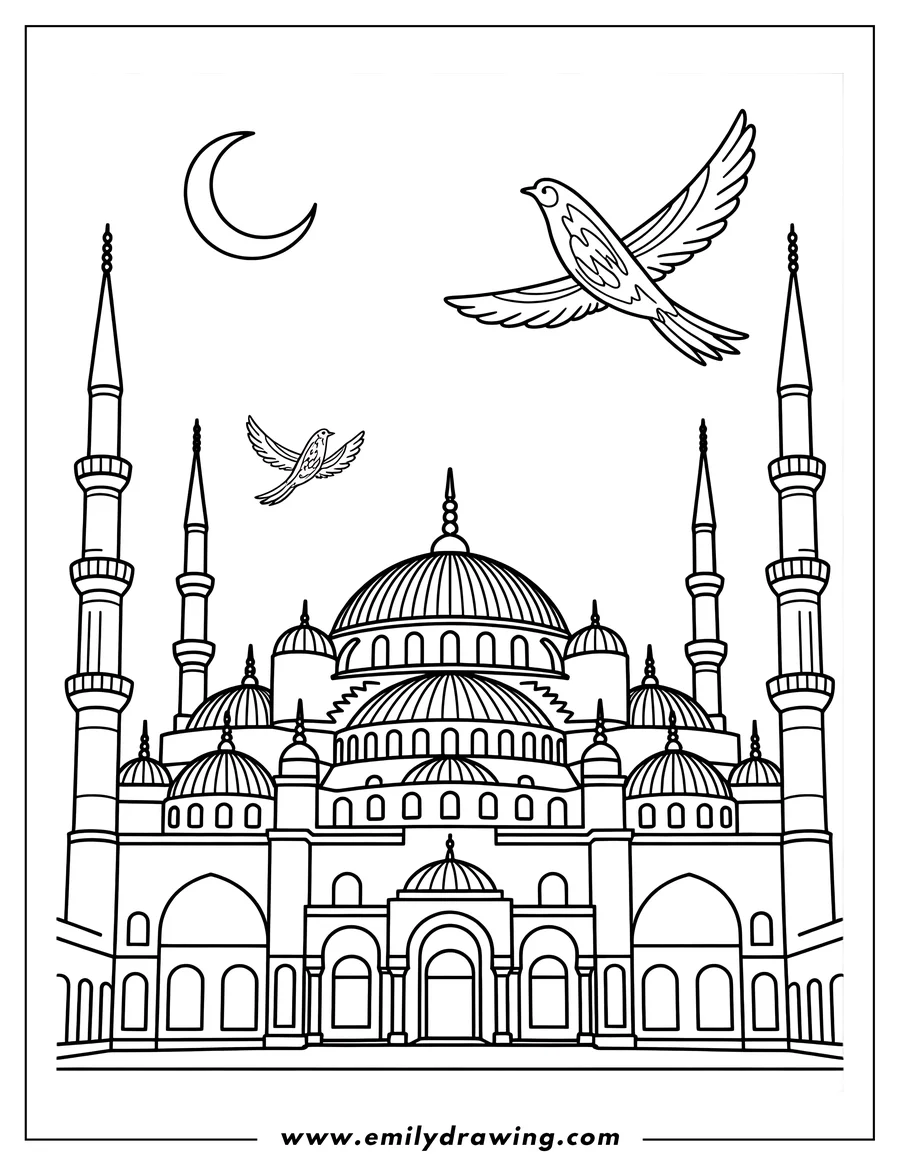 Line art of the Blue Mosque with two birds flying overhead and a crescent moon in the sky.