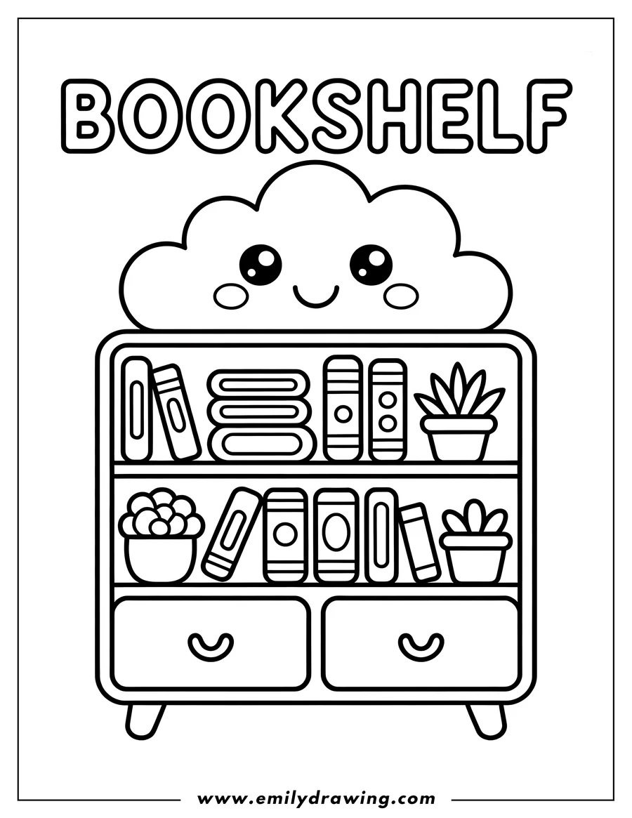 Outline of a bookshelf filled with books and small potted plants. The bookshelf has a cute, smiling cloud on top.