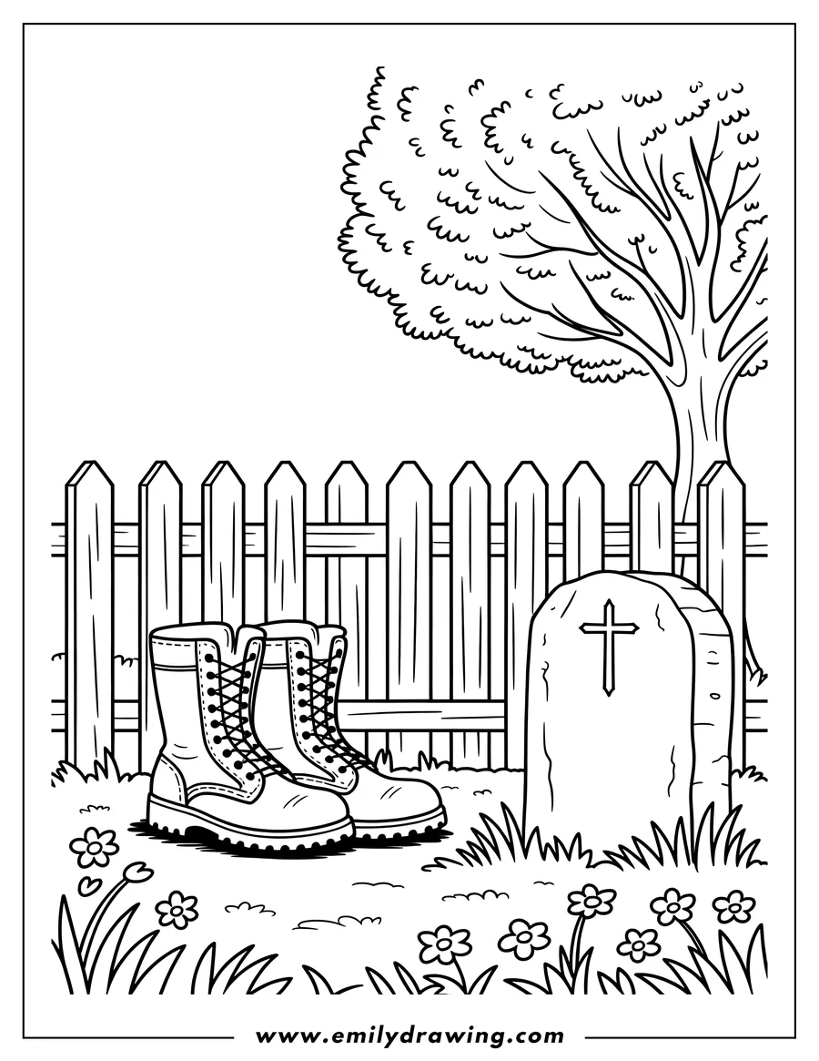 Line art of a pair of boots placed before a tombstone with a cross. A wooden fence and a tree are in the background. Flowers and grass are in the foreground.
