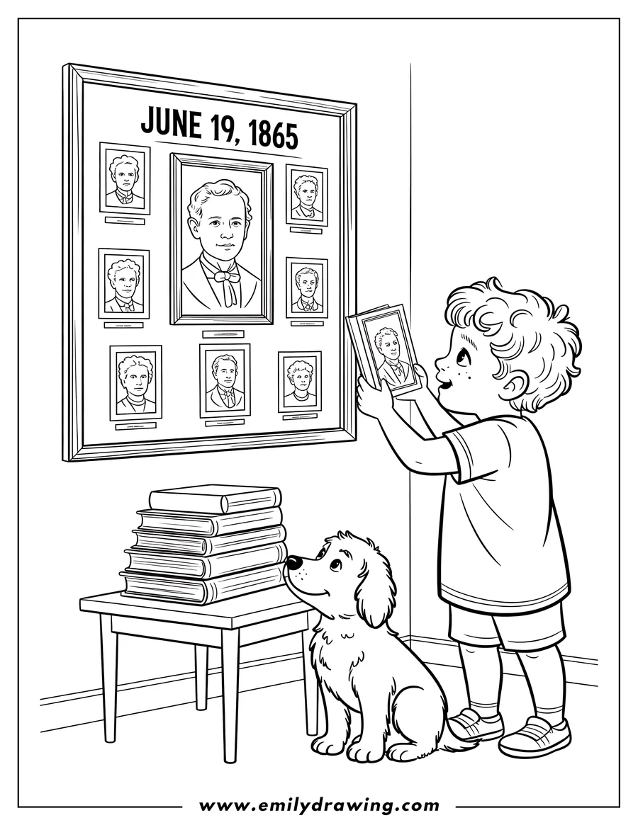 Line art of a boy hanging a framed collage of portraits related to Juneteenth, observed on June 19, 1865. His dog sits and watches nearby.