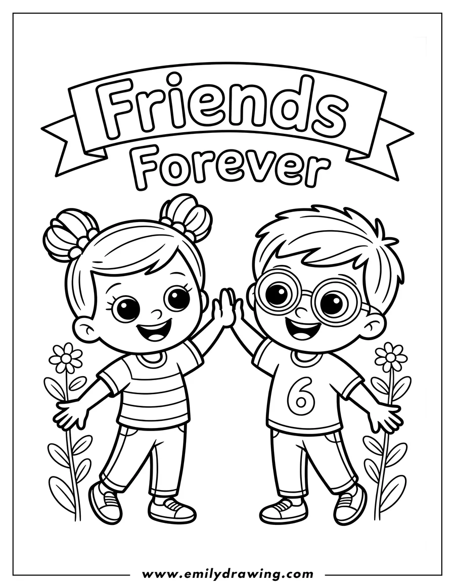 Line art of a boy and girl giving each other a high five. They each hold a single flower. The boy wears glasses, and the girl has her hair in buns. A banner above reads 'Friends Forever'.