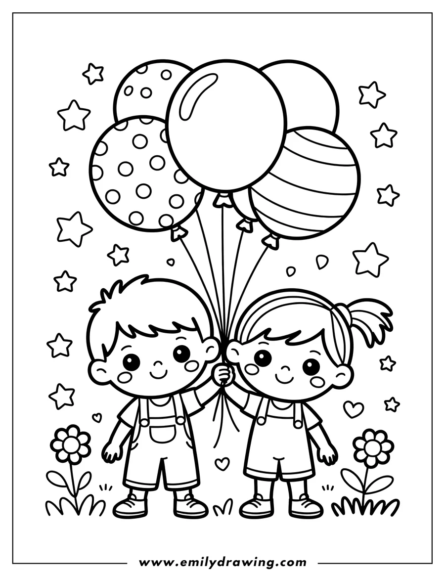 Outline of a boy and girl holding balloons with stars and flowers around them.