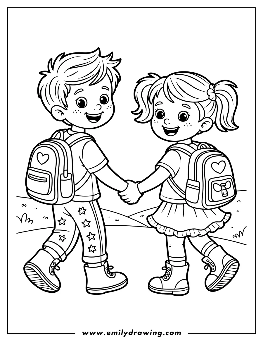 Outline of a boy and girl holding hands. They are both wearing backpacks and smiling. The boy's pants are decorated with stars.