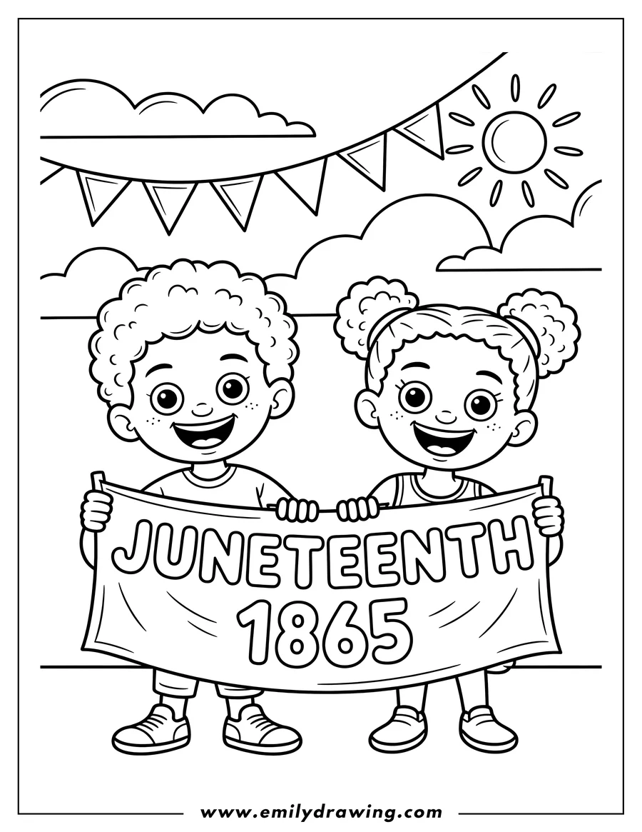Two smiling children holding a large Juneteenth banner with the date 1865, under a sunny sky with festive bunting.