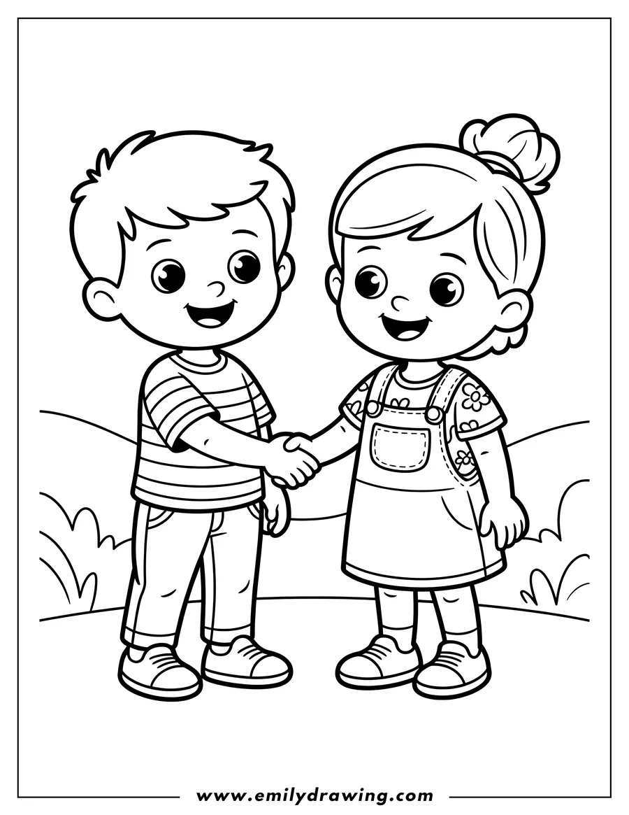 Line art of a boy and girl shaking hands, showing friendship.