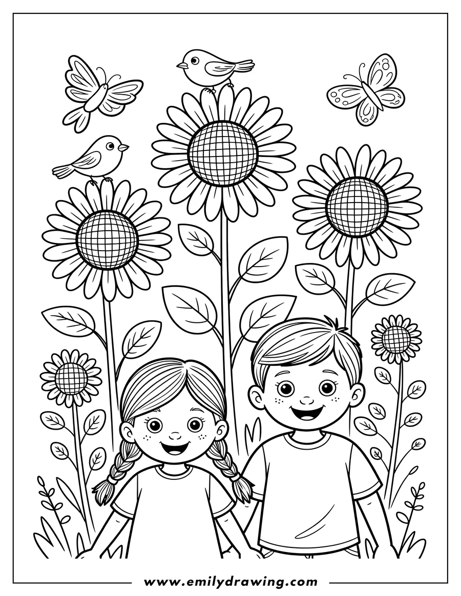 Outline of a boy and girl standing among tall sunflowers, with butterflies and small birds fluttering around them.
