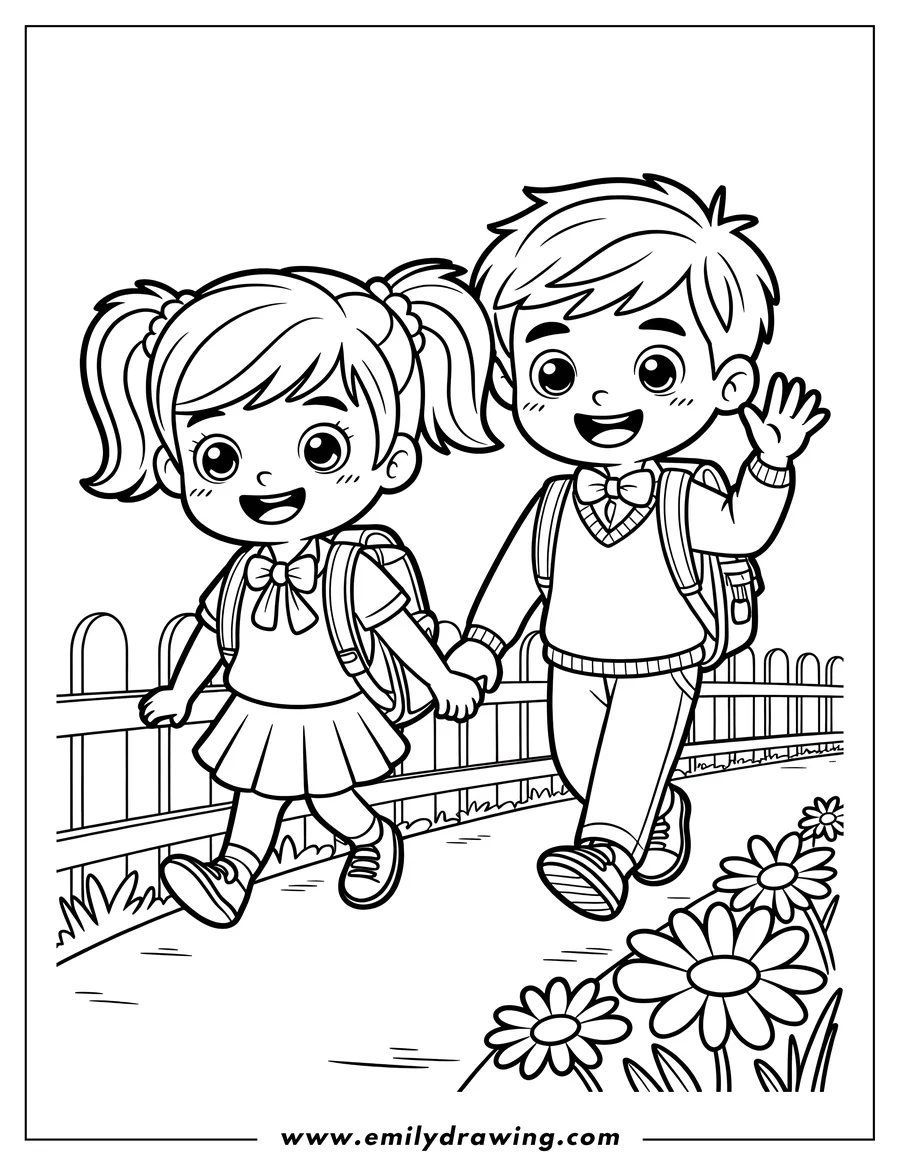 Line art of a boy and girl holding hands and walking to school. The boy is waving, and they both have backpacks. There's a fence and flowers along the path.