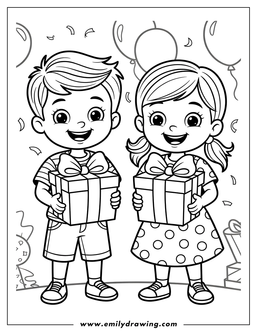 Line art of a boy and a girl holding birthday presents with balloons and confetti in the background.