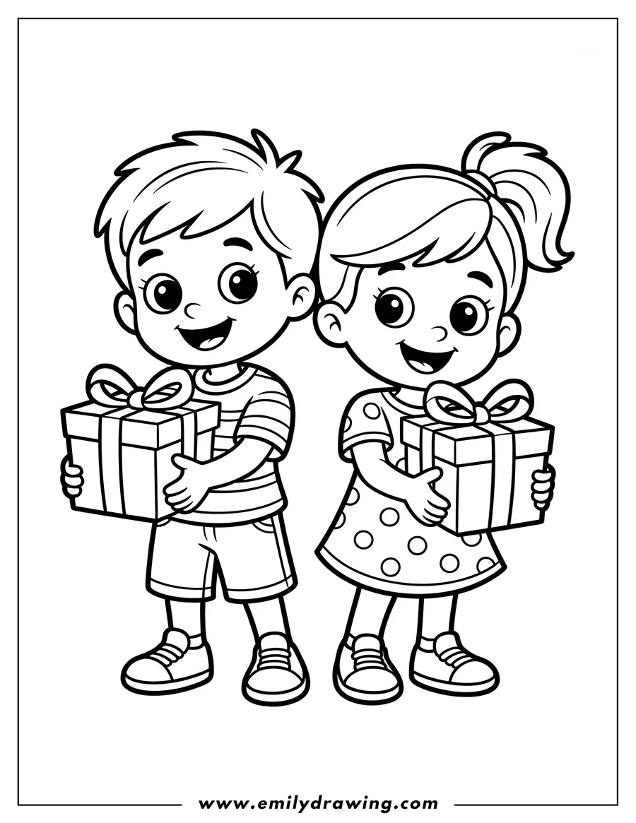 Line art of a boy and a girl each holding a gift, ready to be colored.