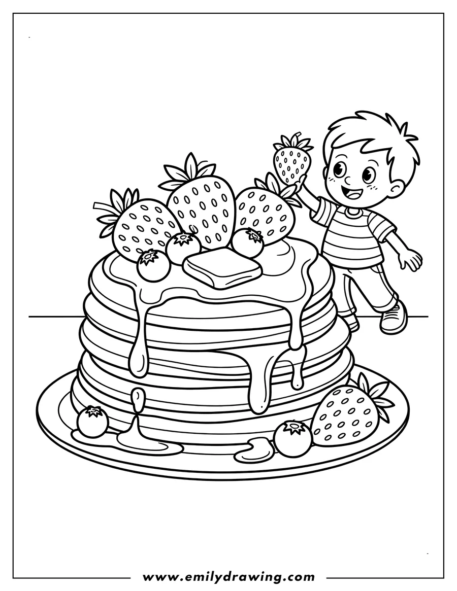 Line art of a boy adding a strawberry to a stack of pancakes topped with syrup, strawberries, and blueberries.