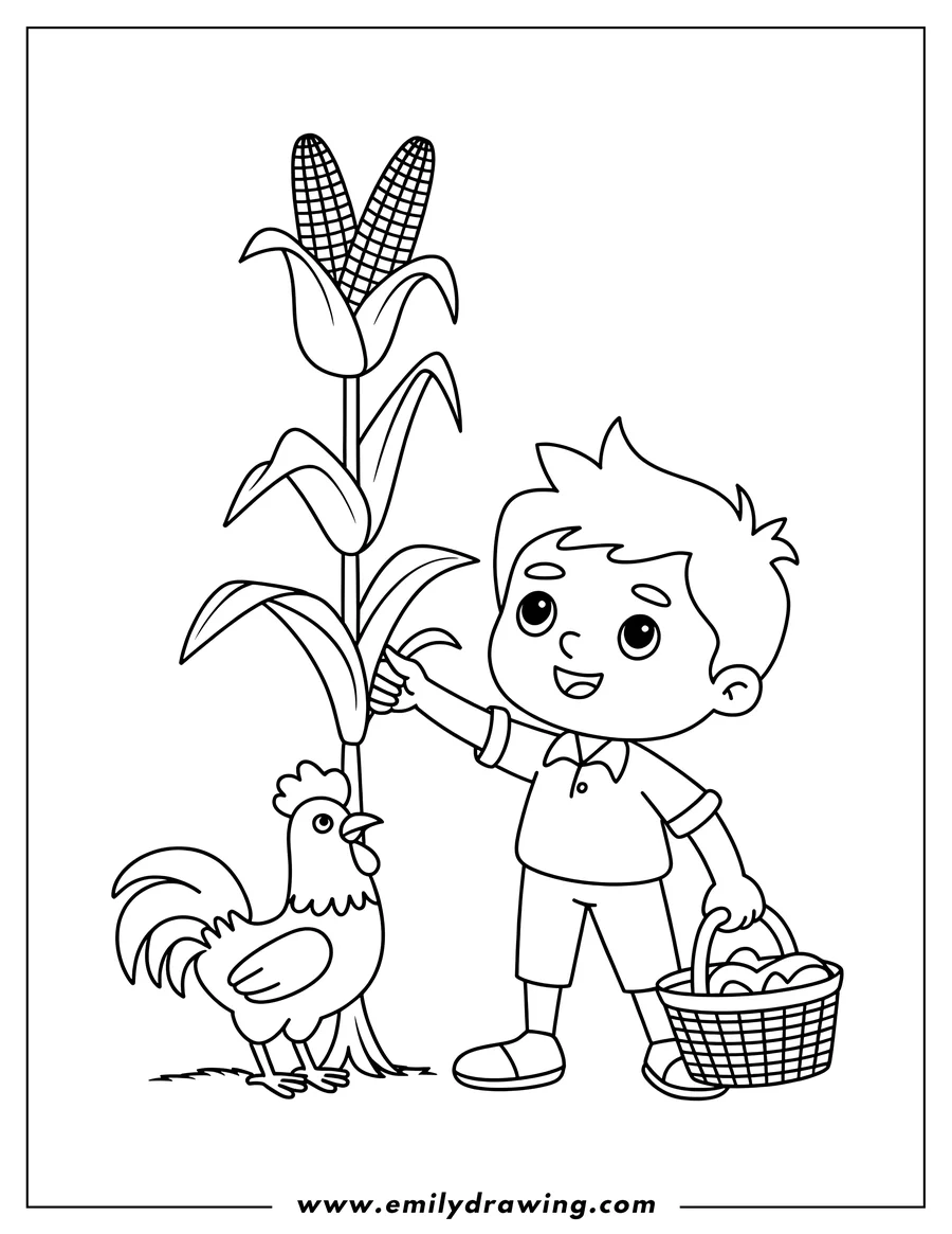Line art of a young boy holding a basket and standing next to a rooster near a tall cornstalk. The boy is looking at the corn.