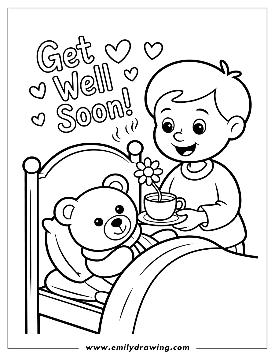 Line art of a boy giving a teddy bear in bed a cup of tea and a flower. The words 