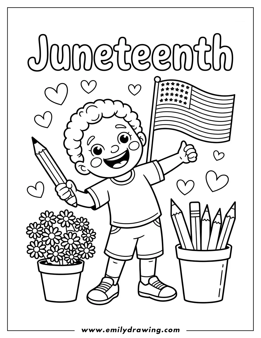 Line art of a boy celebrating Juneteenth holding an American flag, a pencil, and standing by potted flowers and colored pencils.