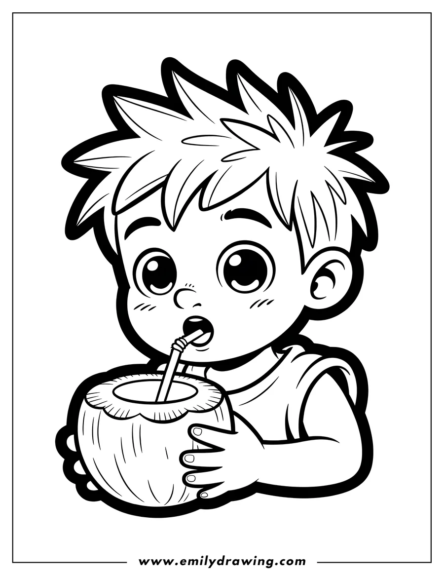 Line art of a young boy drinking from a coconut through a straw.