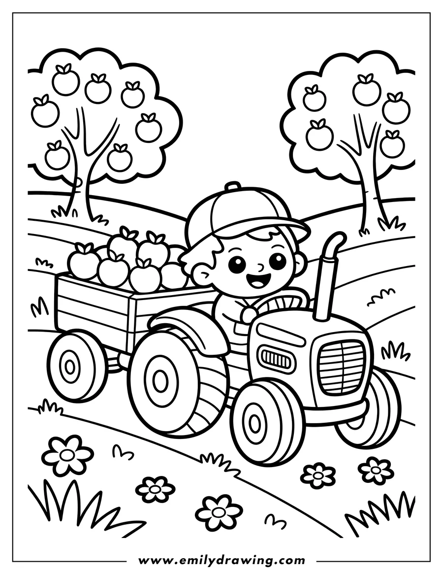 Line art of a boy driving a tractor with a trailer full of apples. Apple trees and small flowers are in the background.