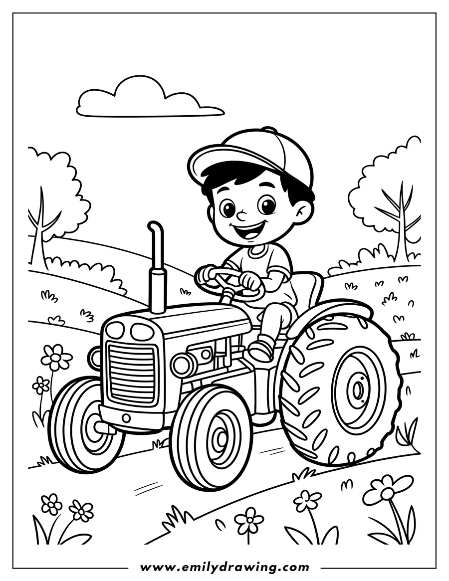 Line art of a boy driving a tractor through a field. He's wearing a baseball cap and smiling.