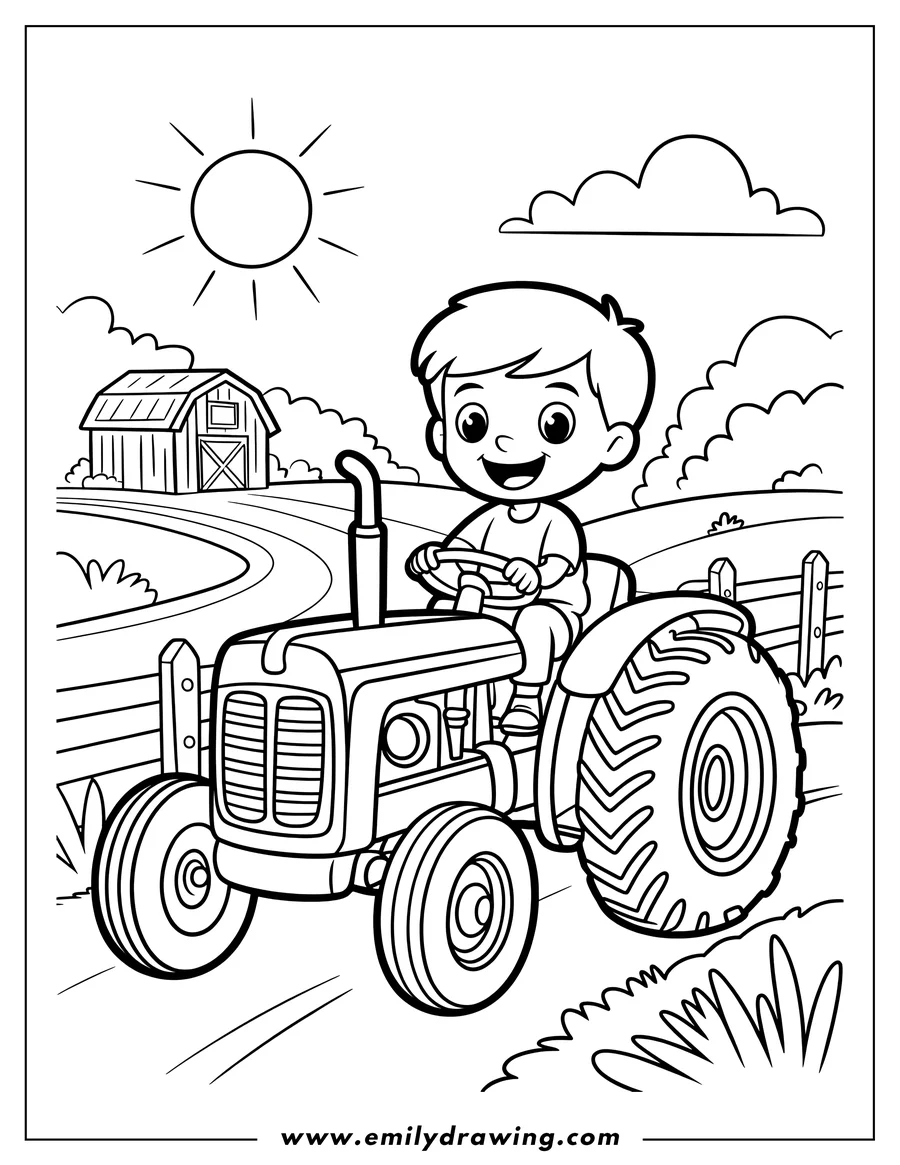 Outline of a boy driving a tractor on a farm with a barn in the background.