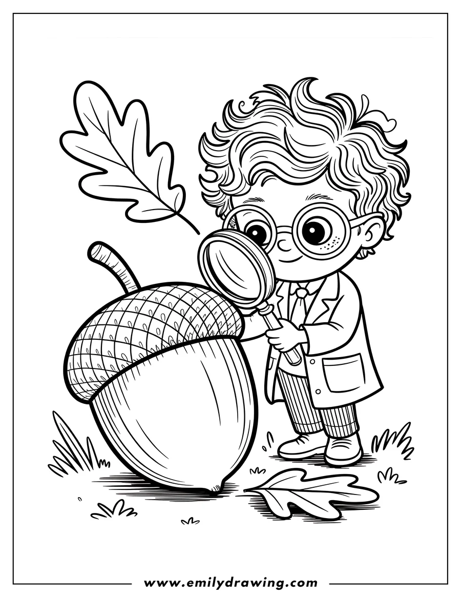 Line art of a boy with a magnifying glass examining a large acorn and oak leaves.