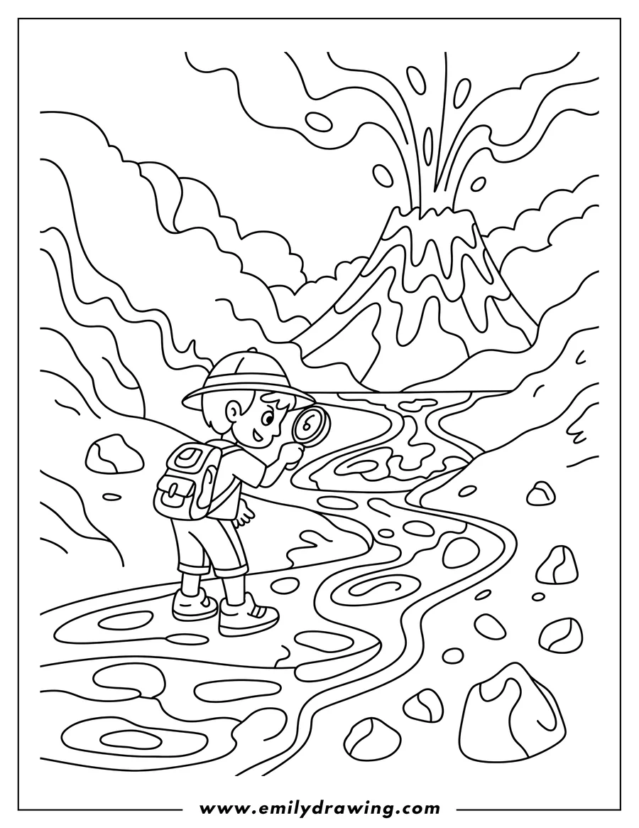Line art of a young boy explorer, backpack and magnifying glass in hand, observing a volcano and lava flow.