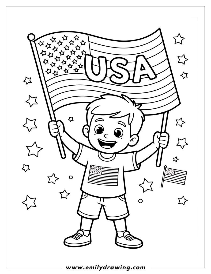 Line art of a boy holding a large American flag. He's wearing a t-shirt with a smaller American flag on it. Additional stars decorate the background.