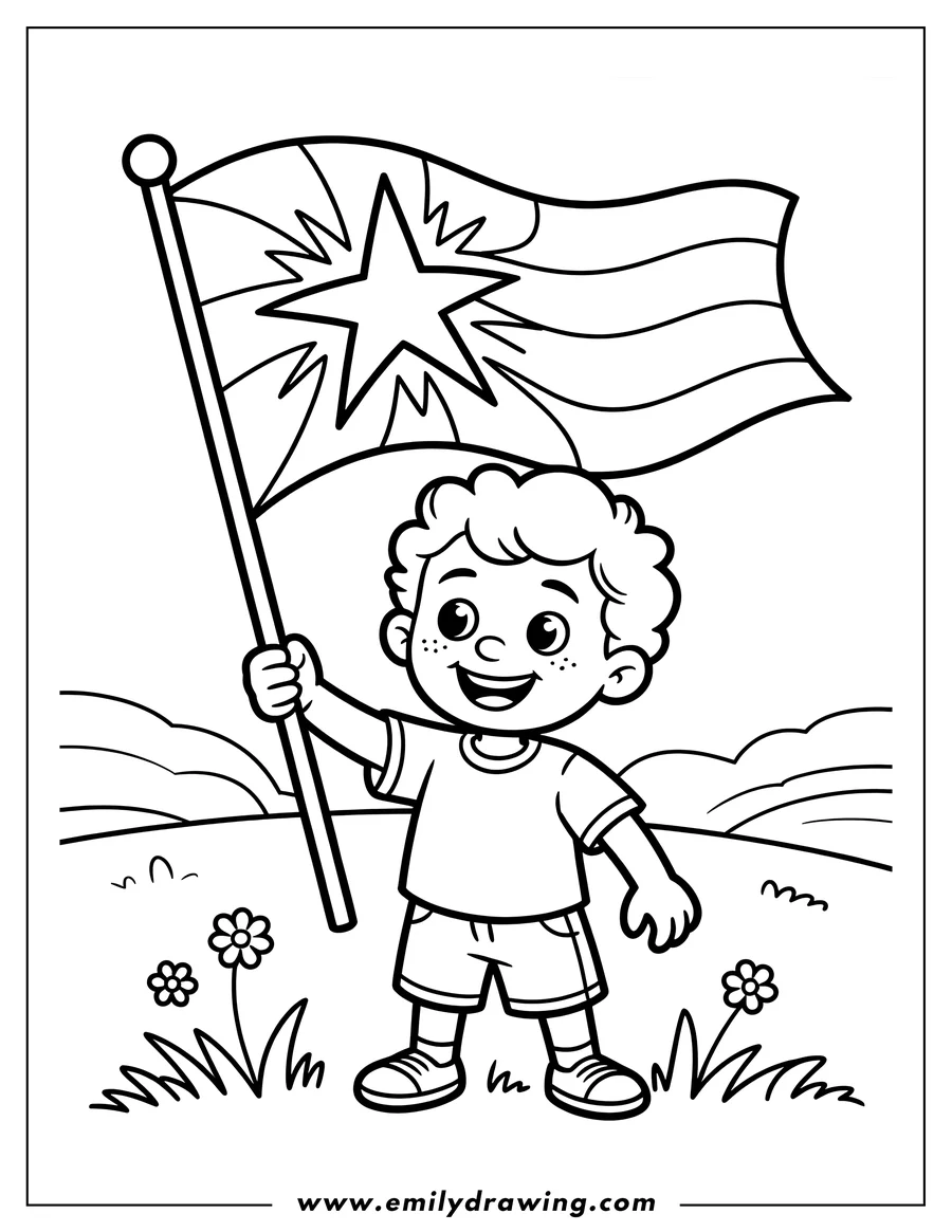 Line art of a boy holding a Juneteenth flag in a field with small flowers.