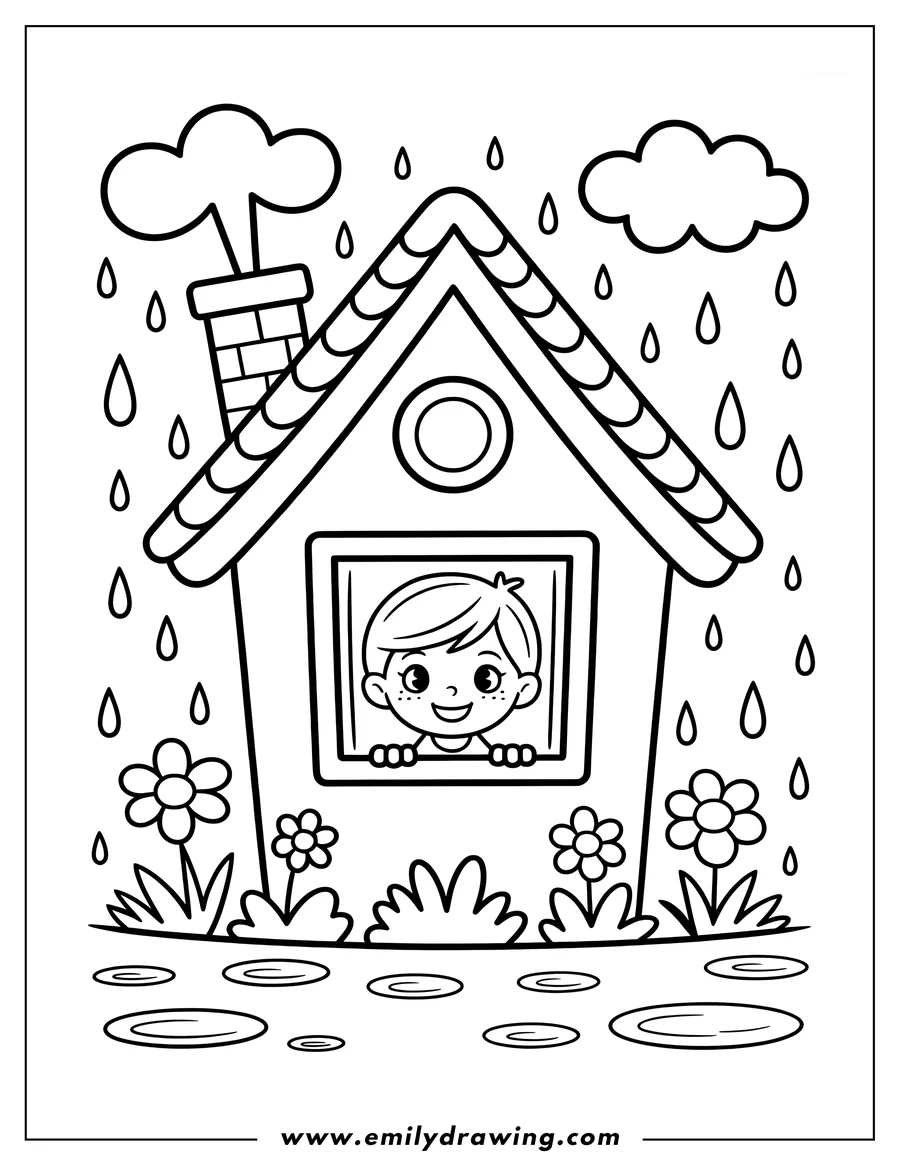 Outline of a boy looking out a window at the rain and puddles forming in the garden