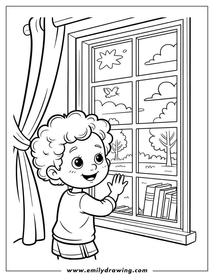 Line art of a young boy looking out a window with a view of a bird, clouds, trees, and a stack of books on the windowsill.