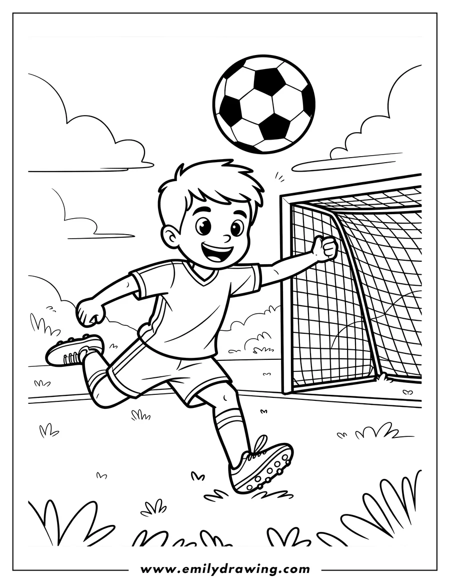 Outline of a boy playing soccer, about to kick the ball towards the net.
