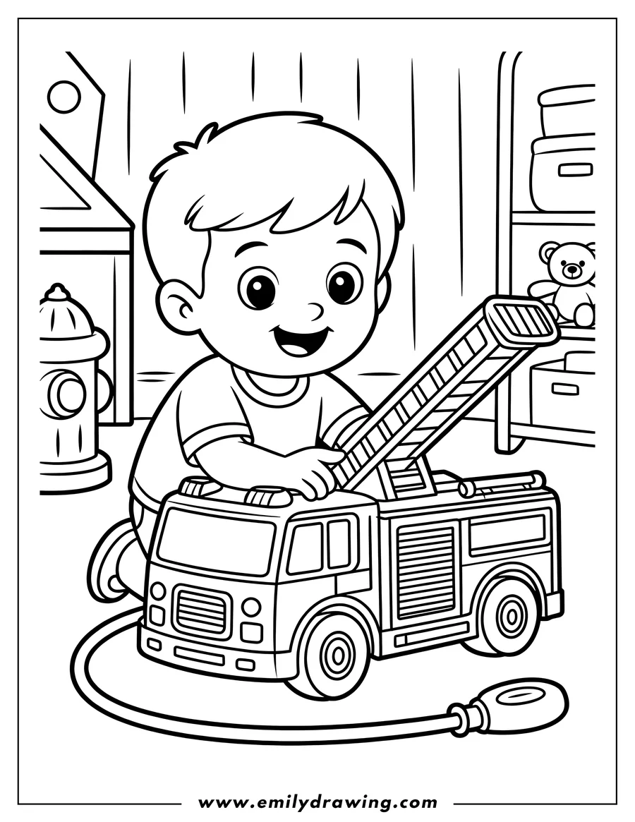 Outline of a young boy smiling while kneeling and playing with a large toy fire truck. A fire hydrant and a shelf with a teddy bear are visible in the background.