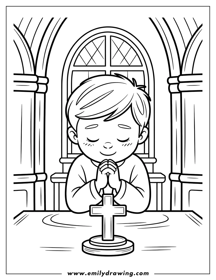 Line art of a young boy with closed eyes, hands clasped in prayer, kneeling by a Christian cross statue inside a church.