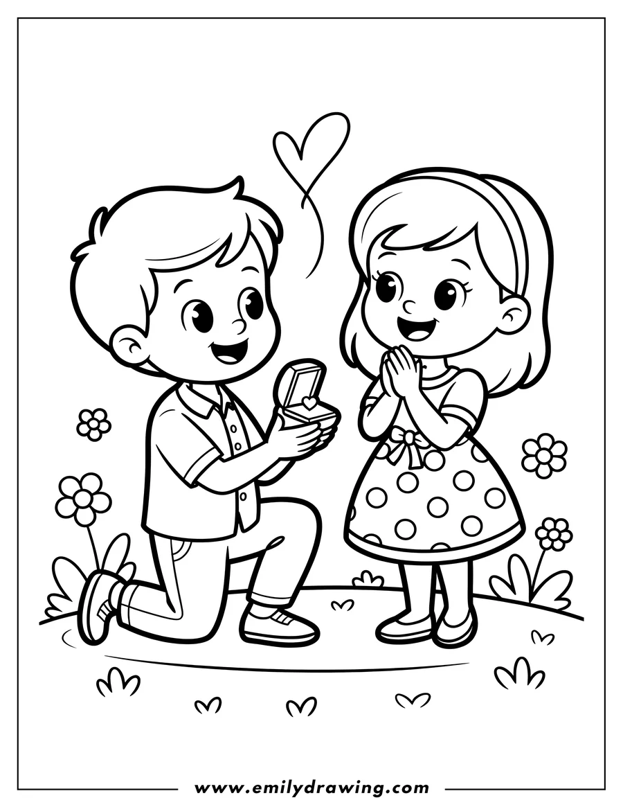 Outline of a boy proposing to a girl with a ring in a box. Flowers and a heart float in the background.