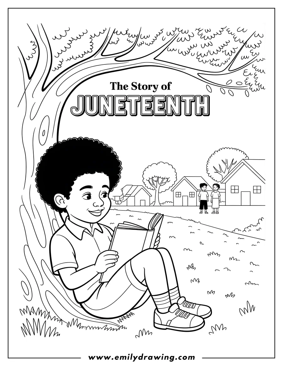 Line art of a boy sitting under a tree reading a book with two figures standing in the background between houses for Juneteenth.