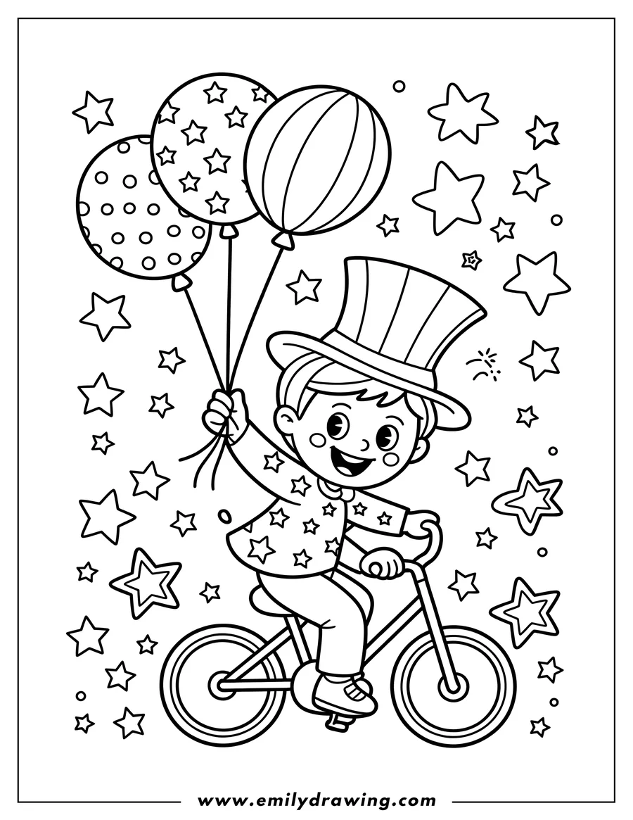 Line art of a boy wearing a tall hat, riding a bicycle while holding balloons decorated with stars and dots. He is surrounded by stars, creating a festive scene.