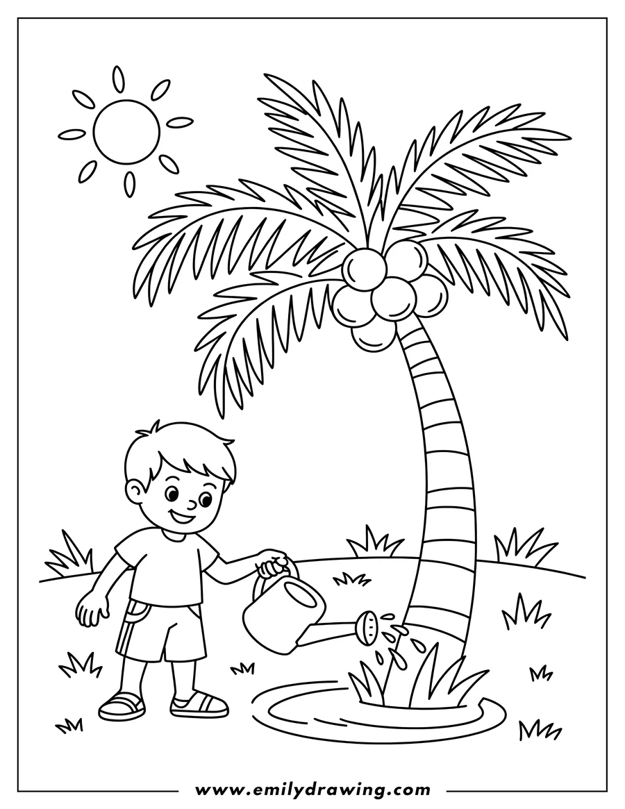 Line art of a young boy watering a palm tree with a watering can. The sun is shining overhead.