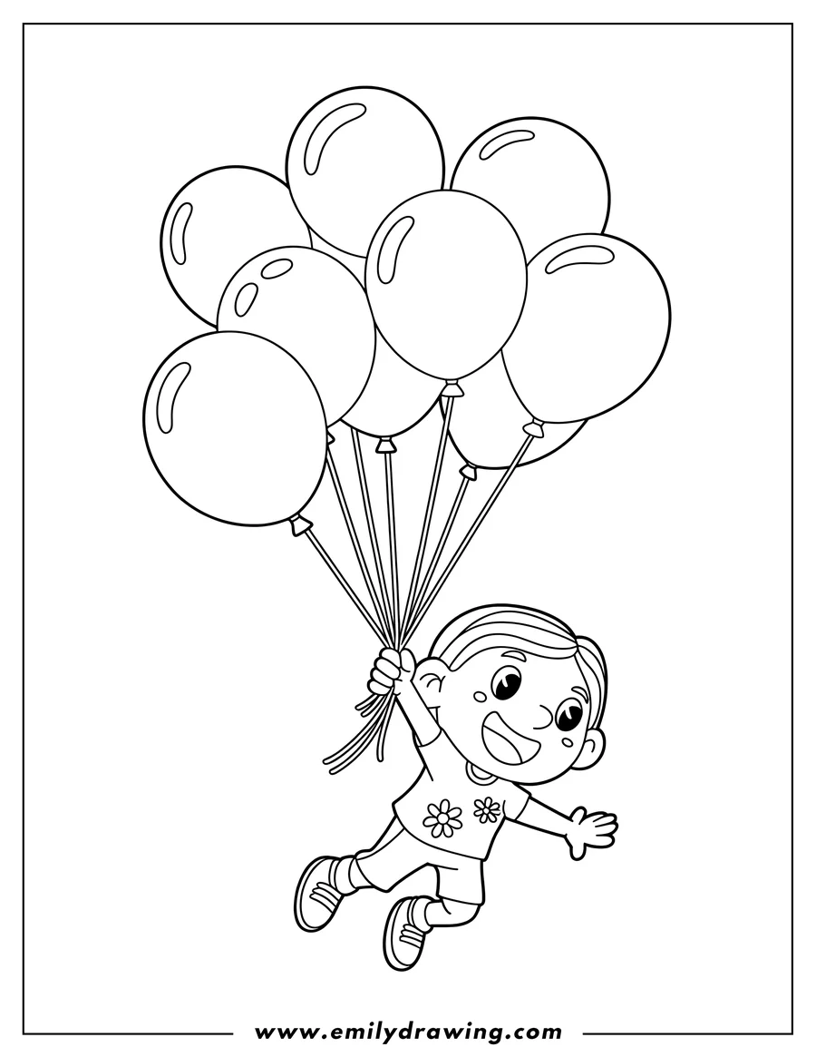 Line art of a boy holding a bunch of balloons and floating in the air. He is smiling and wearing a shirt with flowers on it.