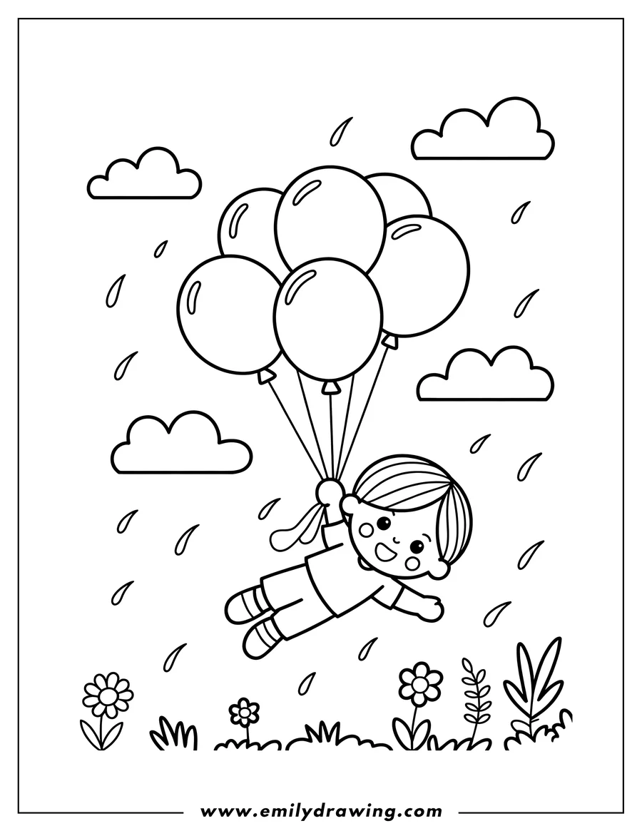 Line art of a boy holding a bunch of balloons, floating above a field of flowers as raindrops fall from the clouds.