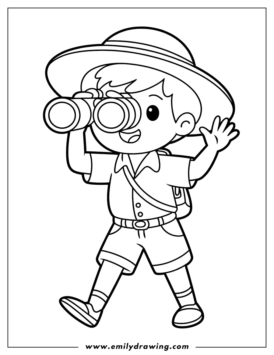 Line art of a boy wearing a safari hat, shorts, and a backpack, looking through binoculars and waving.