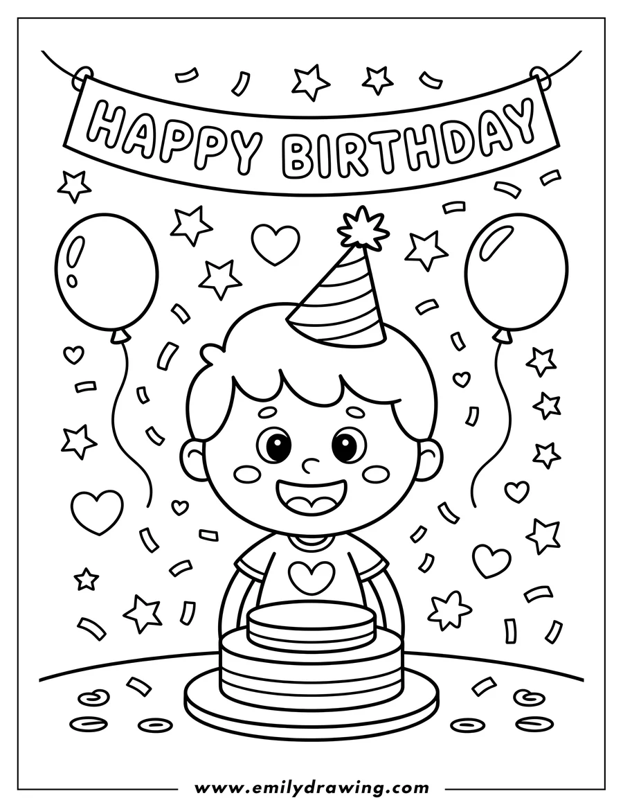 Outline of a boy with a party hat, standing by a layered birthday cake with balloons and confetti in the background.