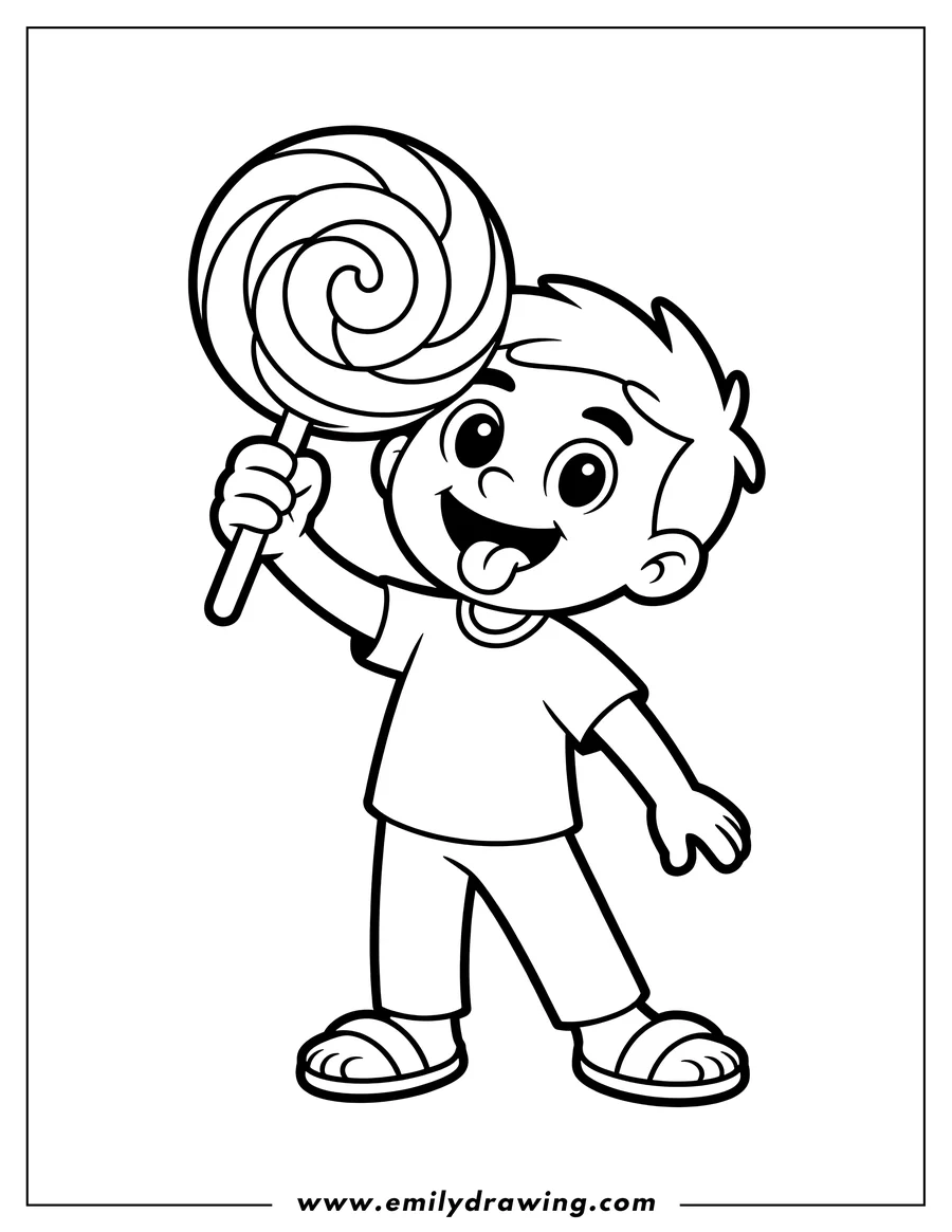Line art of a boy holding a large lollipop, his tongue sticking out in enjoyment.
