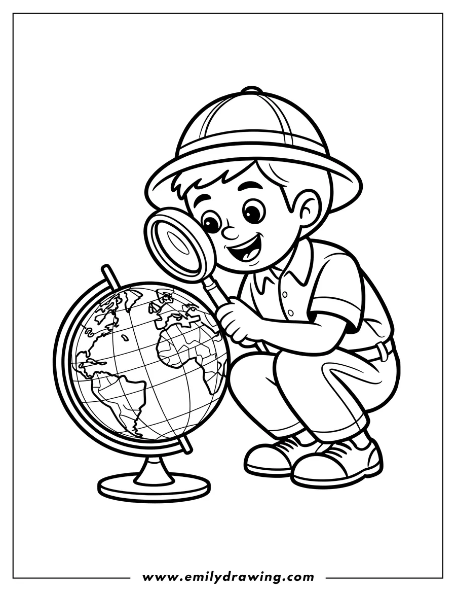 Line art of a boy wearing a safari hat, crouching to examine a globe with a magnifying glass. He appears excited to explore.
