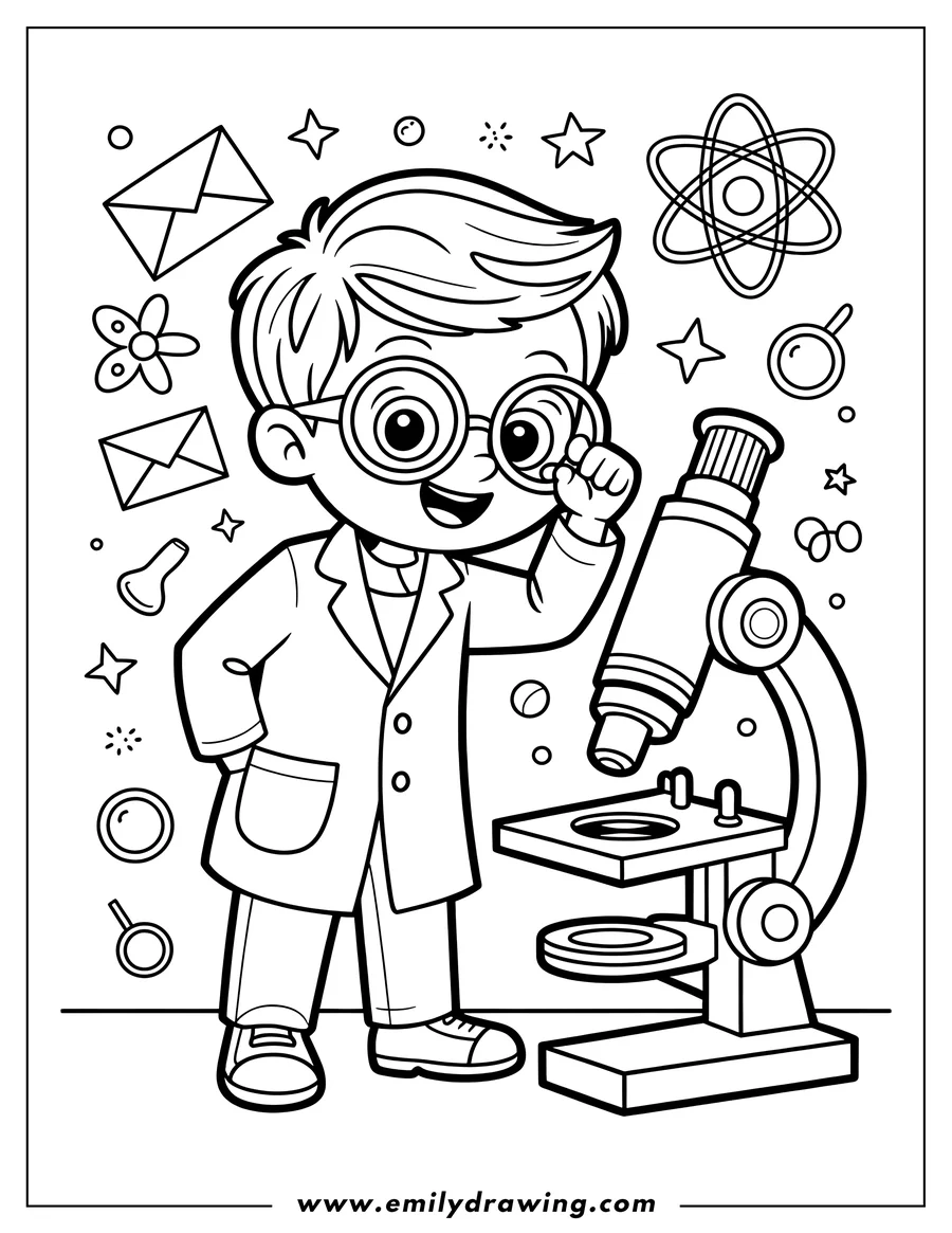 Line art of a boy wearing a lab coat and glasses, looking through a microscope.