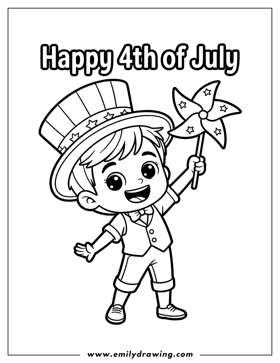 Line art of a young boy holding a pinwheel. He's wearing a patriotic top hat and a bow tie.