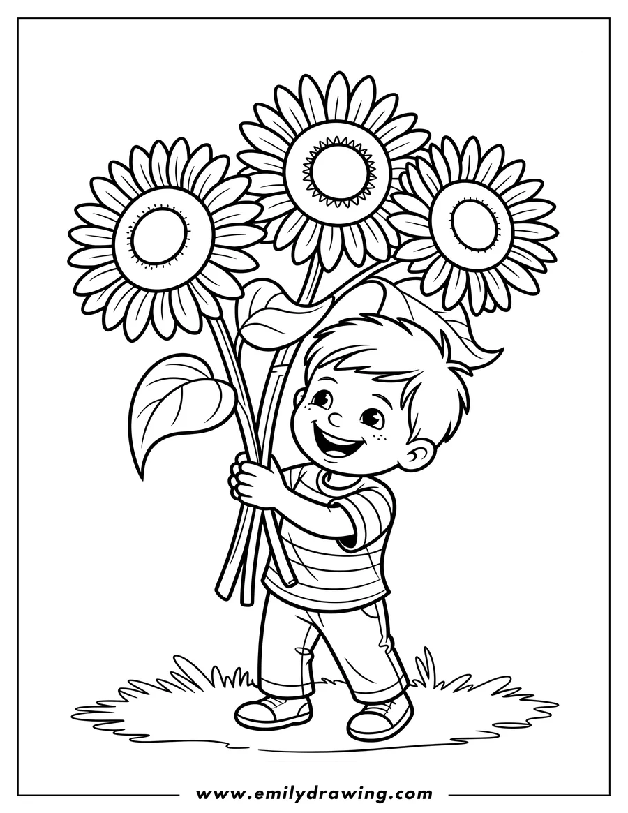 Line art of a smiling boy holding three large sunflowers. He's standing in grass.