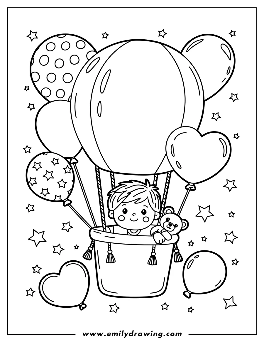 Line art of a young boy with his teddy bear riding in a hot air balloon, surrounded by stars and other balloons.